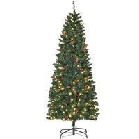 HOMCOM 6FT Prelit Artificial Pencil Christmas Tree with Warm White LED Light, Red Berry, Holiday Home Xmas Decoration, Green
