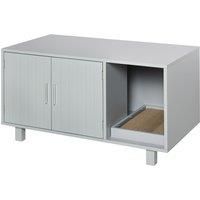 PawHut Wooden Cat Litter Box Enclosure & House with Nightstand/End Table Design, Scratcher, & Magnetic Doors, Grey