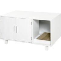 PawHut Wooden Cat Litter Box Enclosure & House with Nightstand/End Table Design, Scratcher, & Magnetic Doors, White