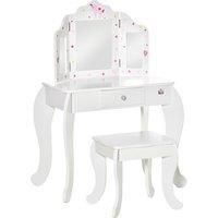 HOMCOM Kids Vanity Table & Stool Girls Dressing Set Make Up Desk Chair Dresser Play Set with Rotatable Mirrors Drawer Star & Heart Pattern White