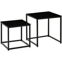 Nest of 2 Side Tables Set of Bedside Tables w/ Tempered Glass Desktop Black