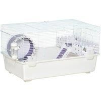PawHut Two-Tier Hamster Cage Gerbil Haven Multi-Storey Rodent House Small Animal Habitat with Water Bottle, Excise Wheel, Ladder, White