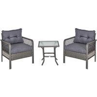 Outsunny 2 Seater Patio PE Rattan Bistro Set, Outdoor Wicker Coffee Table Armrest Chairs Conversation Furniture w/ Cushion, Grey