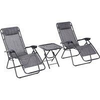 Outsunny 3pcs Folding Zero Gravity Chairs Sun Lounger Table Set w/Cup Holders Reclining Garden Yard Pool, Light Grey