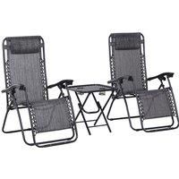 Outsunny 3pcs Folding Zero Gravity Chairs Sun Lounger Table Set w/ Cup Holders Reclining Garden Yard Pool, Light Grey