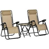 Outsunny 3PC Zero Gravity Chairs Sun Lounger Table Set w/ Cup Holders, Beige