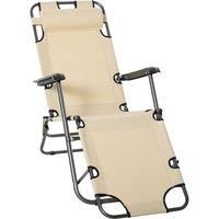 Outsunny 2 in 1 Sun Lounger Folding Reclining Chair Garden Outdoor Camping Adjustable Back with Pillow Beige