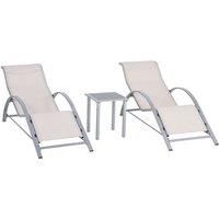 Outsunny Rattan 3 Pieces Lounge Chair Set Garden Sunbathing Chair W/ Table Cream