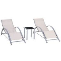 Outsunny Rattan 3 Pieces Lounge Chair Set Garden Sunbathing Chair w/ Table Cream