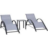 Outsunny 3 Pieces Lounge Chair Set Metal Frame Garden Outdoor Recliner Sunbathing Chair with Table, Light Grey