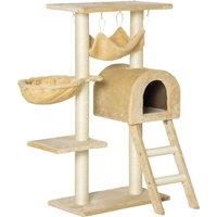 PawHut Cat Tree Tower Kitten Activity Centre Scratching Post w/ Hammock Condo Bed Basket Ladder 98 cm, Beige