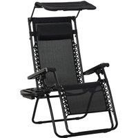 Outsunny Zero Gravity Garden Deck Folding Chair Patio Sun Lounger Reclining Seat with Cup Holder & Canopy Shade - Black