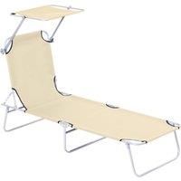 Outsunny Reclining Chair Sun Lounger Folding Lounger Seat with Sun Shade Awning Beach Garden Outdoor Patio Recliner Adjustable (Beige)