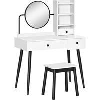 HOMCOM Dressing Table Set with Mirror and Stool, Vanity Makeup Table with 3 Drawers and Open Shelves for Bedroom, Living Room, White