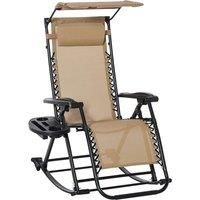 Outsunny Garden Rocking Chair Folding Recliner Outdoor Adjustable Sun Lounger Rocker Zero-Gravity Seat with Headrest Side Holder Patio Deck - Beige