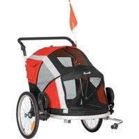 PawHut Dog Bicycle Trailer, Two-In-One Foldable Pet Bike Trailer w/ Safety Leash, Flag, for Small Cats, Puppies, Camping, Hiking - Red
