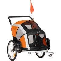 PawHut Dog Bike Trailer 2-in-1 Pet Stroller for Large Dogs Cart Foldable Bicycle Carrier Aluminium Frame with Safety Leash Hitch Coupler Flag Orange