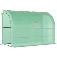 Outsunny Walk-In Lean to Wall Greenhouse with Windows and Doors 2 Tiers 6 Wired Shelves 300L x 150W x 215Hcm Green