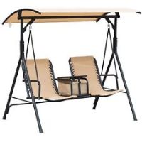Outsunny 2 Person Swing Chair with Pivot Table & Middle Storage Console, Beige