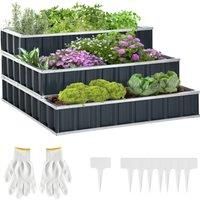 Outsunny 3 Tier Raised Garden Bed, Metal Elevated Planer Box Kit w/ A Pairs of Glove for Backyard, Patio to Grow Vegetables, Herbs, and Flowers, Grey