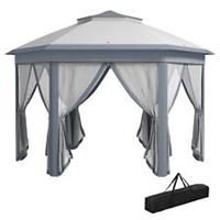 Outsunny 4x4m Hexagon Gazebo w/ Metal Frame Mesh Curtains Outdoor Garden, Grey