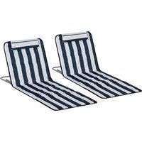 Outsunny Set of 2 Foldable Garden Beach Chair Mat Lightweight Outdoor Sun Lounger Seats Adjustable Back Metal Frame PE Fabric Head Pillow, Blue