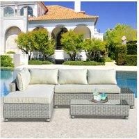Outsunny 3 Pieces Outdoor PE Rattan Sofa Set, Patio Wicker Sectional Conversation Aluminium Frame Furniture Set, 4-Level Adjust Backrest Chaise Lounge w/Padded Cushion, Tea Table, Mixed Grey