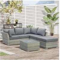 Outsunny 4 Pieces Patio PE Rattan Corner Sofa Set, Outdoor Wicker Sectional Conversation Aluminum Frame Furniture Set w/Padded Cushion, Tea Table with Ice Bucket, Light Grey