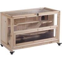 PawHut Wooden Hamster Cage, Mice Rodent Small Animals Kit Hutch, 3 Tiers Exercise Play House, with Wheels, Bottom Tray, 99 x 50 x 69 cm, Natural Wood