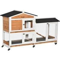 PawHut Two-Tier Wooden Rabbit Hutch Mobile Guinea Pig Cage Bunny Run w/ Wheels, Run, Slide-Out Tray, Ramp