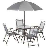 6 Pieces Patio Dining Set with Umbrella 4 Folding Chairs & Glass Table, Grey