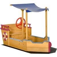 Outsunny Kids Wooden Sand Pit Children Sandbox Pirate Ship Sandboat Play Station for Outdoor w/ Canopy Shade Storage Bench Bottom Liner