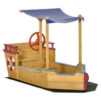 Outsunny Kids Covered Sandbox, Wooden Sand Boat, w/ Storage Bench, Bottom Liner