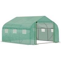 Outsunny Walk-in Polytunnel Garden Greenhouse, Outdoor Greenhouse with PE Cover, Zippered Roll Up Door and 6 Windows, 3.5 x 3 x 2m, Green