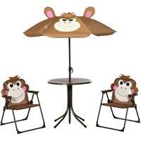 Outsunny Kids Picnic & Table Chair set, Outdoor Folding Garden Furniture w/Monkey Design, Removable, Adjustable Sun Umbrella, Ages 3-6 Years - Brown