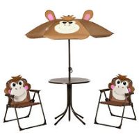 Outsunny Kids Foldable Four-Piece Garden Set w/ Table, Chairs, Umbrella - Brown
