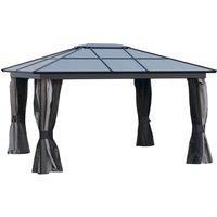 Outsunny 4 x 3.6m Hardtop Gazebo with UV Resistant Polycarbonate Roof & Aluminium Frame, Garden Pavilion with Mosquito Netting and Curtains