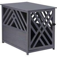 PawHut Furniture Style Wooden Dog Crate Kennel Top End Table Decorative Dog Cage Lattice Night Stand with Lockable Door, 60 x 91 x 74 cm, Grey