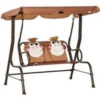 Outsunny Two-seat Kids Canopy Swing Chair With Adjustable Awning Seatbelt - Brown