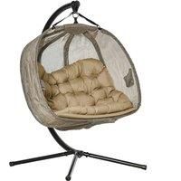 Outsunny Double Hanging Egg Chair 2 Seaters Texteline Swing Hammock Chair with Stand, Cushion and Folding Design, for Indoor and Outdoor, Brown