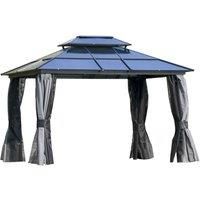 Outsunny 3.6 x 3(m) Polycarbonate Hardtop Gazebo Canopy with Double-Tier Roof and Aluminium Frame, Garden Pavilion with Mosquito Netting and Curtains