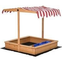 Outsunny Kids Wooden Sandbox Sand Pit Children Sand Play Station Height Adjustable with Canopy, Bottom Liner, Plastic Basins for Outdoor Aged 3-7 Years