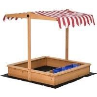 Outsunny Kids Wooden Sandbox Sand Pit Children Sand Play Station Height Adjustable with Canopy, Bottom Liner, Plastic Basins for Outdoor Aged 3-7 Years