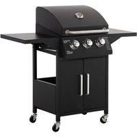 Outsunny 3 Burner Gas BBQ Grill Outdoor Portable Barbecue Trolley w/ Warming Rack, Side Shelves, Storage Cabinet, Thermometer, Carbon Steel, Black