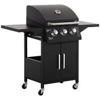 Outsunny 3 Burner Gas Grill Portable BBQ Trolley w/ 4 Wheels and Side Shelves