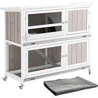 PawHut Two-tier Wooden Rabbit Hutch With Wheels Trough Rain Cover Tray - Grey, Grey