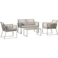 Outsunny 4 Pieces Patio Wicker Sofa Set, Outdoor Metal Frame Wrapped Round PE Rattan Conservatory Furniture, w/Cushions, Pillows & Tempered Glass Table for Backyard, Garden, Grey