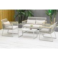 Outsunny 4-Seater Patio Wicker Sofa Set, Outdoor Metal Frame Wrapped Round PE Rattan Conservatory Furniture w/ Cushions, Tempered Glass Table, Grey