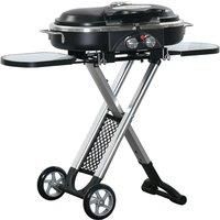 Outsunny Foldable Gas BBQ Grill 2 Burner Garden Barbecue Trolley w/Lid Side Shelves Storage Pocket Piezo Ignition Thermometer, Aluminium Alloy