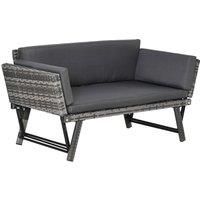 Outsunny 2 in 1 Rattan Folding Daybed Sofa Bench Garden Chaise Lounger Loveseat with Cushion Outdoor Patio Mixed Grey